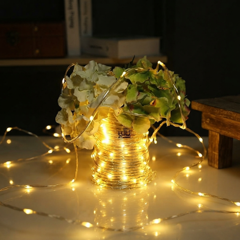 Warm white LED fairy string lights wrapped around a glass vase filled with green and white flowers, set on a reflective tabletop with more lights scattered around in a dim indoor setting.
