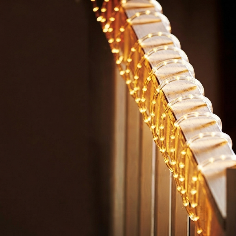 A close-up diagonal view of a stringed musical instrument, showing illuminated gold-toned strings and a light-colored headstock against a dark background.