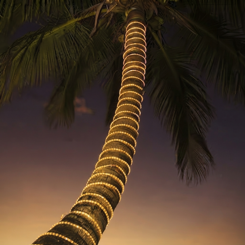 A palm tree trunk wrapped in warm white spiral string lights against a twilight sky, with dark green fronds visible at the top.