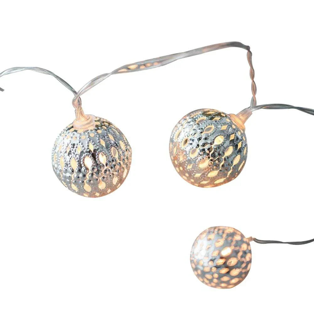 String of decorative lights with spherical bulbs on a white background