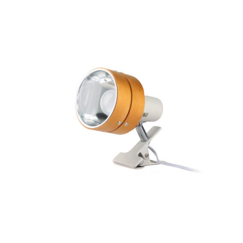 A clip-on spotlight with a metallic gold-colored outer body, a clear reflective lens, and a silver metal clip base with a white power cord, shown against a plain white background.