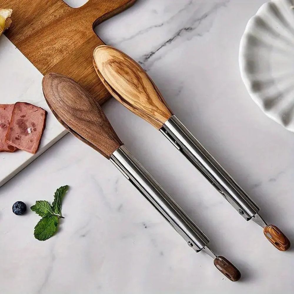 Stainless Steel Kitchen Tongs Set - Ergonomic Wood Handles for Precision Cooking 0