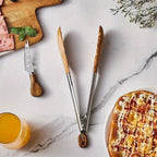 Stainless Steel Kitchen Tongs Set - Ergonomic Wood Handles for Precision Cooking 1