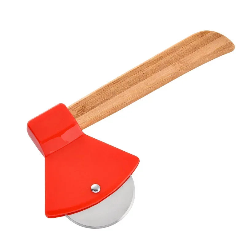 Pizza cutter with red blade and wooden handle on a white background