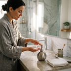 Woman in a gray robe applying soap from a dispenser in a bathroom.