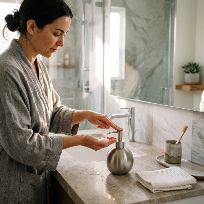 Woman in a gray robe applying soap from a dispenser in a bathroom.