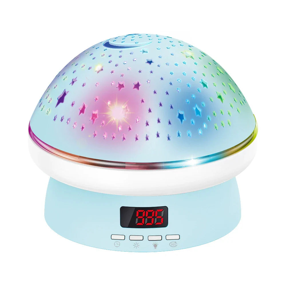 Colorful night light projector with star patterns on a white background