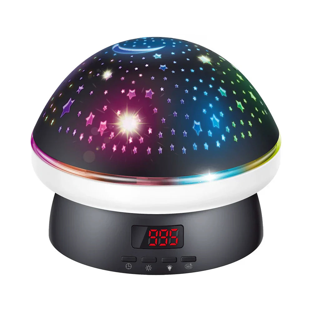 Colorful starry night light projector with digital display on a white background