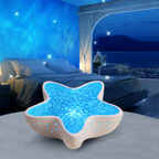 Star-shaped blue lighted object on a bed in a bedroom with a night view.