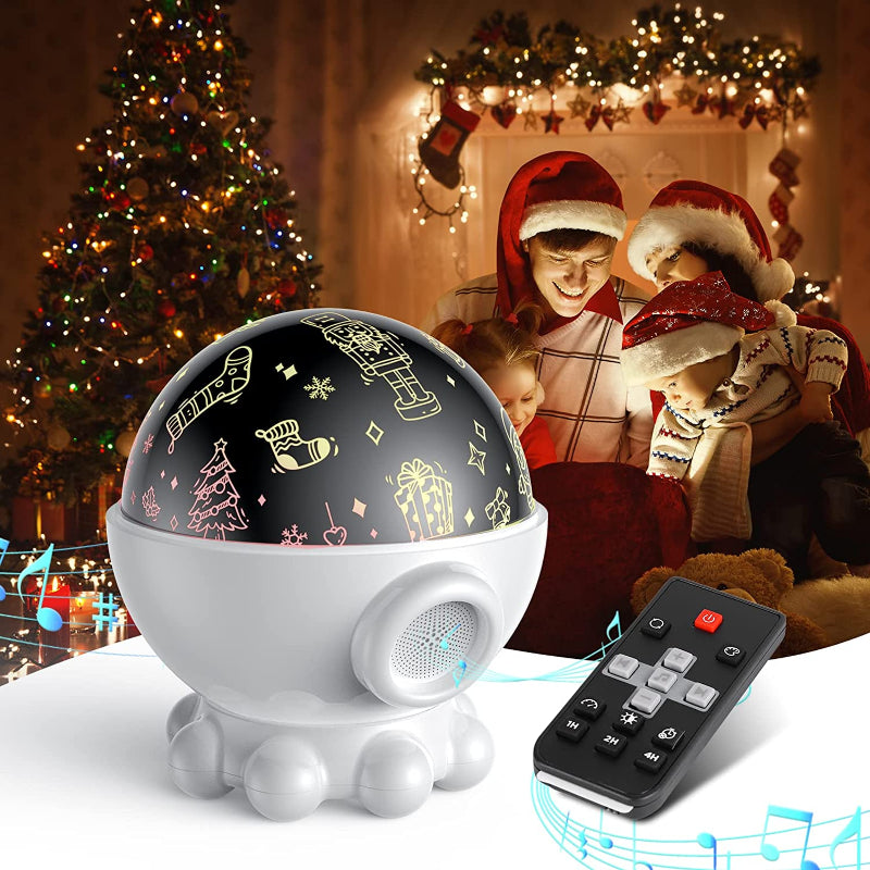 Children in festive attire with a decorative night light and remote control in a cozy room.