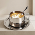 Stainless steel cup with latte art and spoon on a matching saucer.
