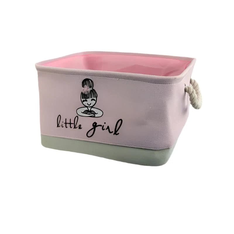 Storage basket with pink interior and 'little girl' text and design on a white background