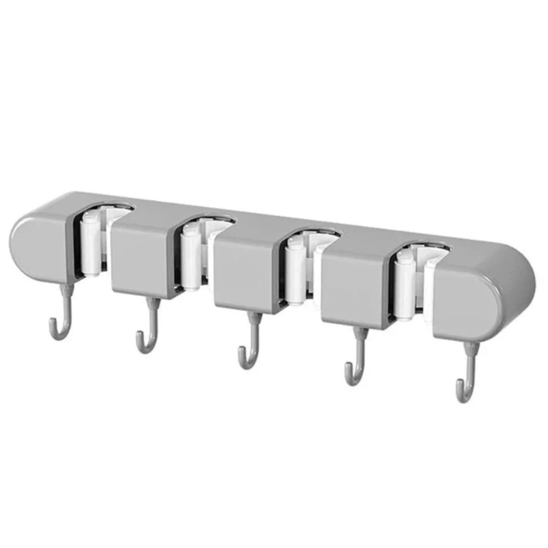 Chrome wall-mounted hook rack with multiple hooks on a white background