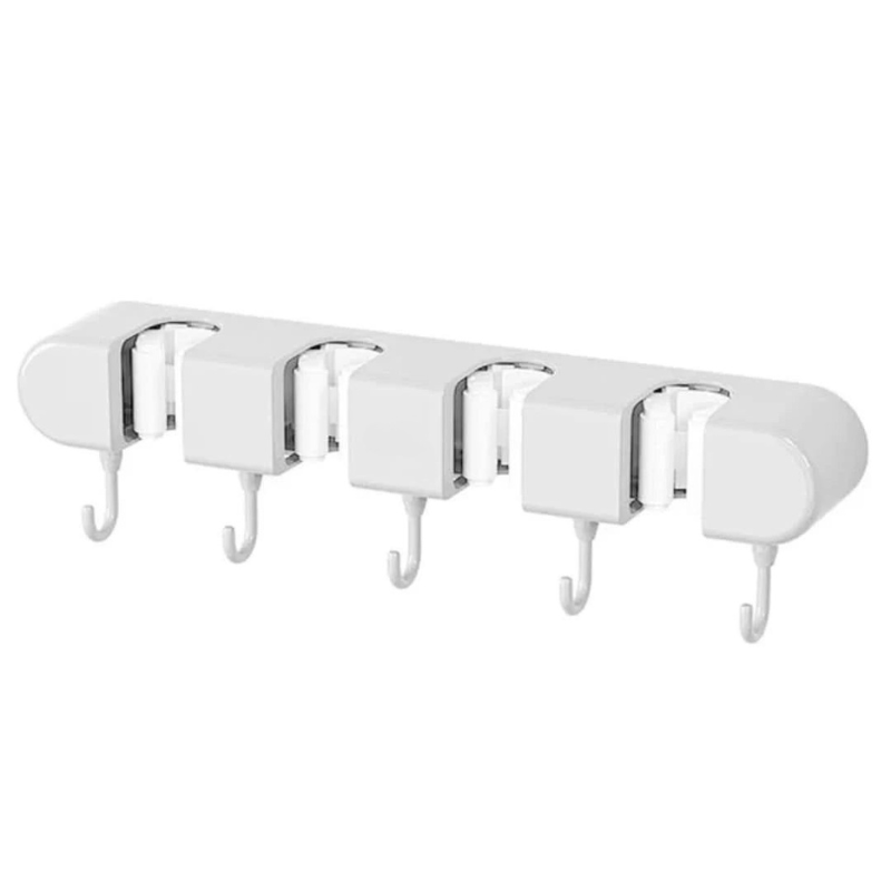 Wall-mounted hook rack with multiple hooks on a white background