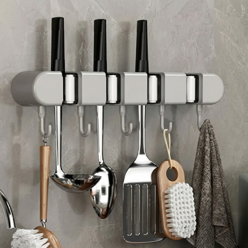 Wall-mounted kitchen utensil holder with various tools on a tiled wall.