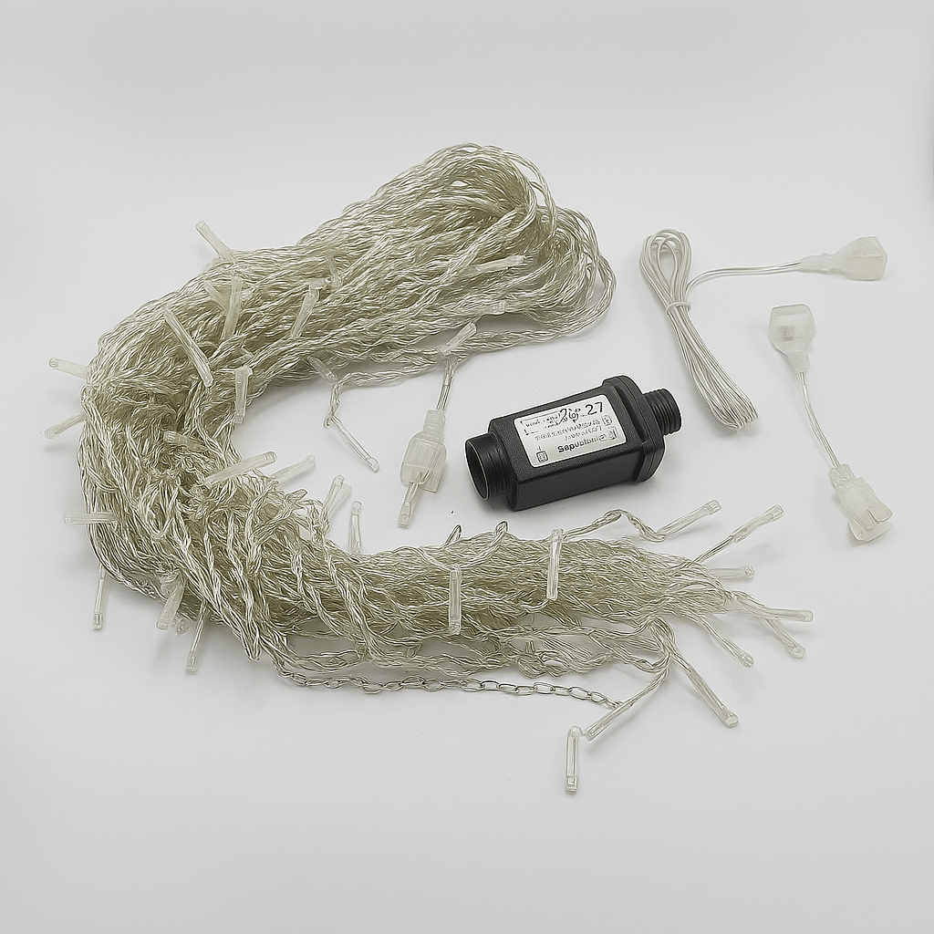 String lights with a control unit on a white background