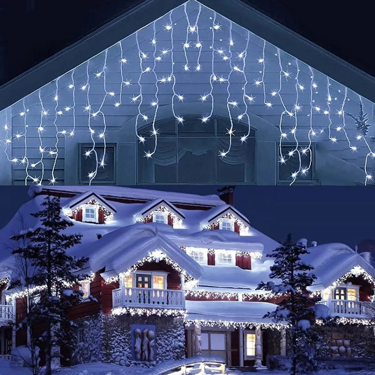 House decorated with string lights against a snowy background
