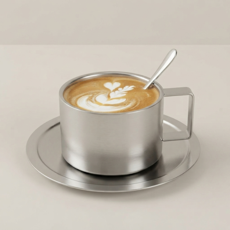 Metallic cup of coffee with latte art on a matching saucer.