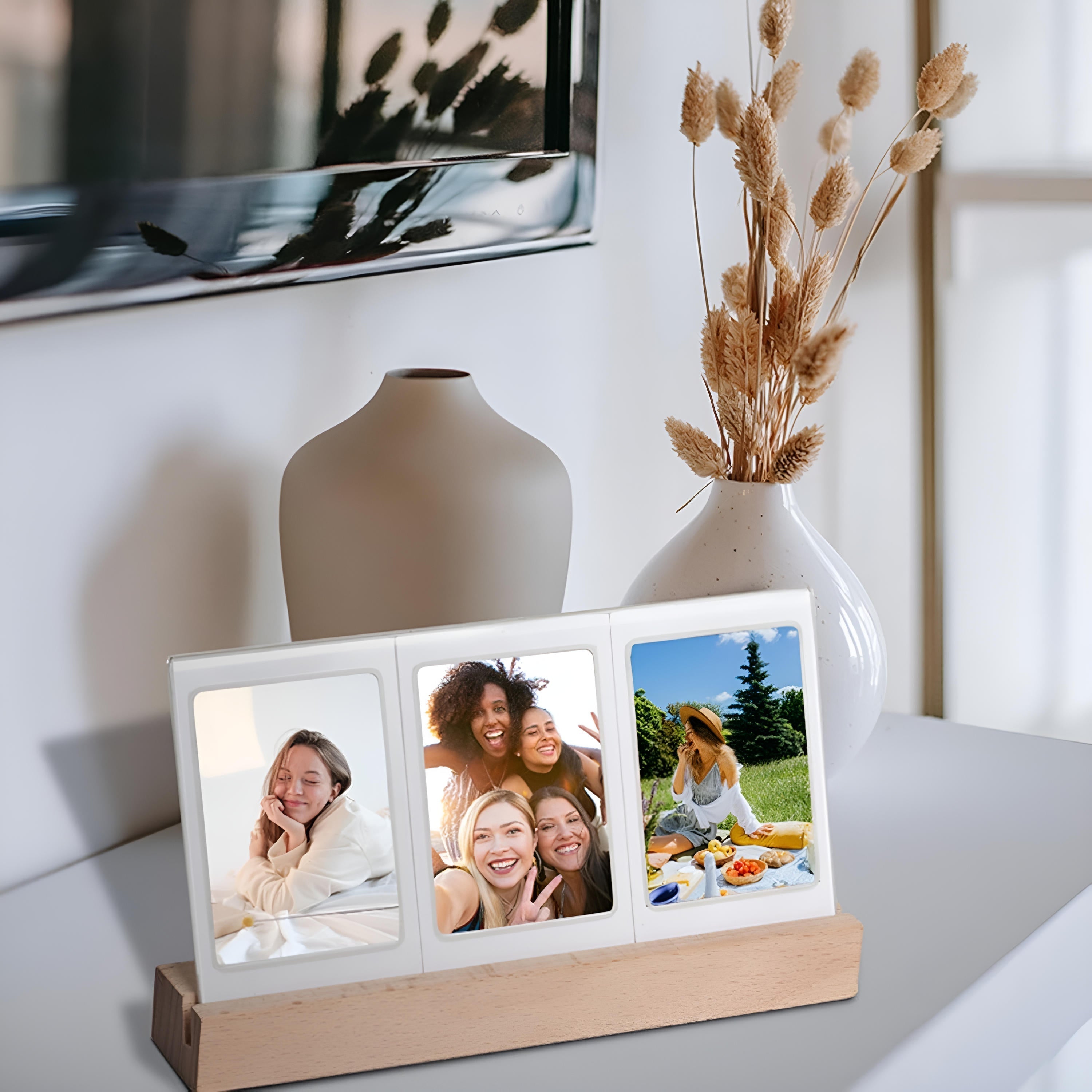 Stylish Picture Frame with LED Illumination – Triple Display for 3-Inch Photos and Memorabilia, Modern Wood Design 1