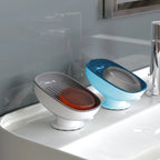 Two pet bowls, one red and one blue, on a white surface with a gray background.