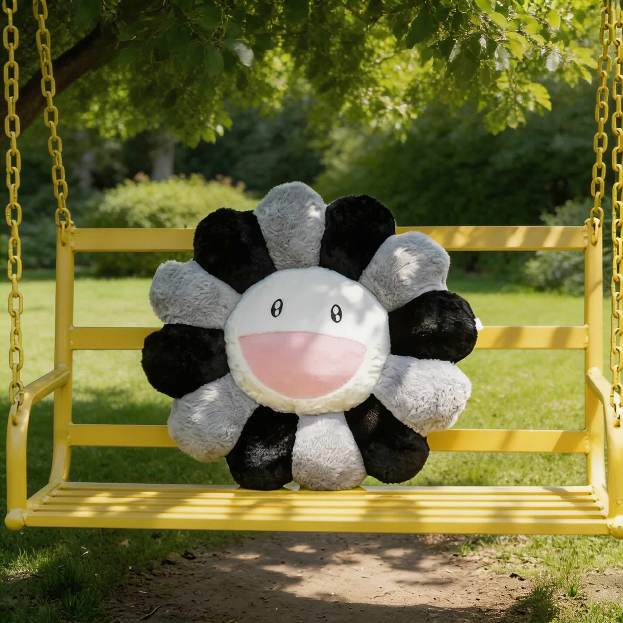 Flower-shaped plush toy on a yellow swing in a park