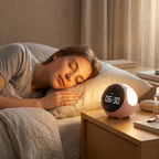 Person sleeping in bed with a bedside lamp showing 6:30.