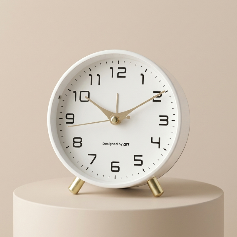 White clock with gold accents on a beige background