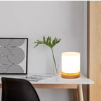 Modern desk setup with a lamp, plant, and framed artwork on a light gray wall.