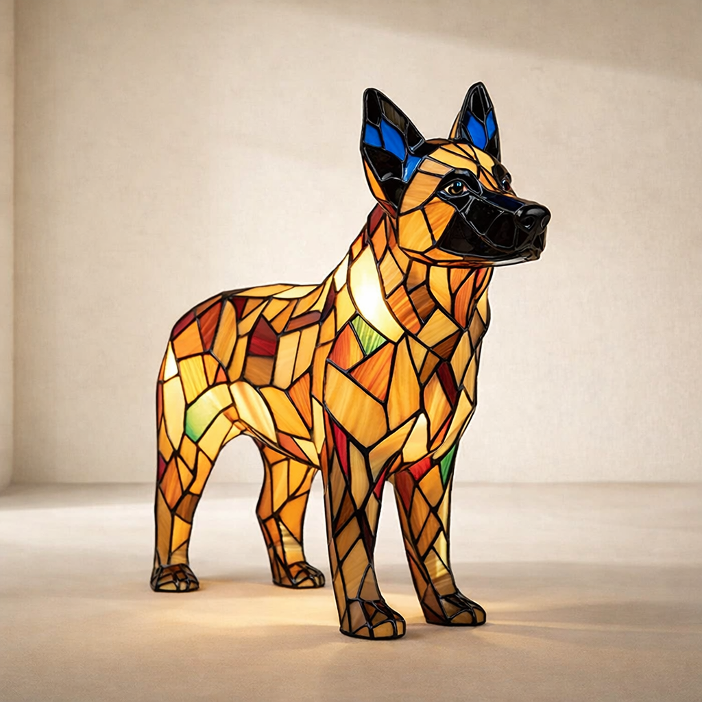 Table Lamp Resin German Shepherd Stained Glass Style LED Battery Powered
