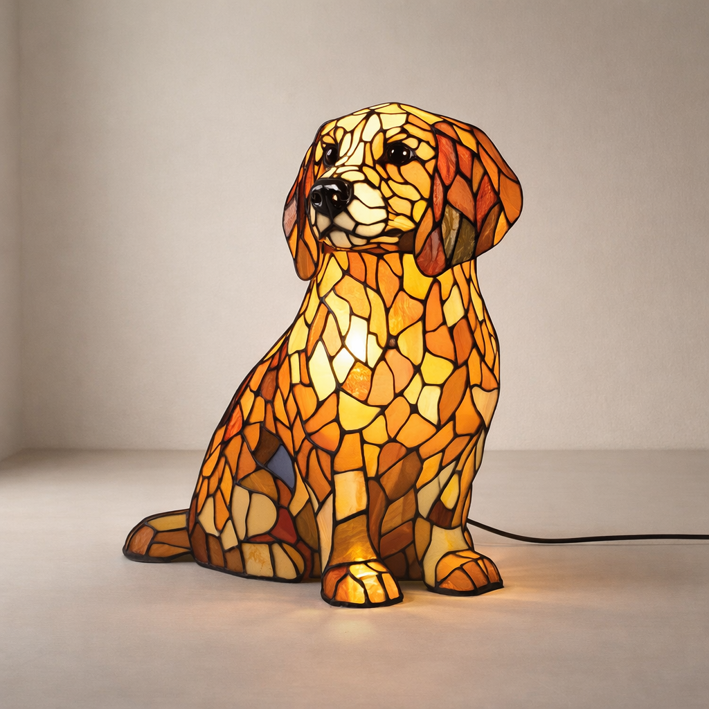 Table Lamp Resin Golden Retriever Stained Glass Style LED Battery Powered