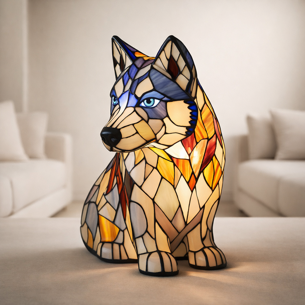 Table Lamp Resin Siberian Husky Stained Glass Style LED Battery Powered 