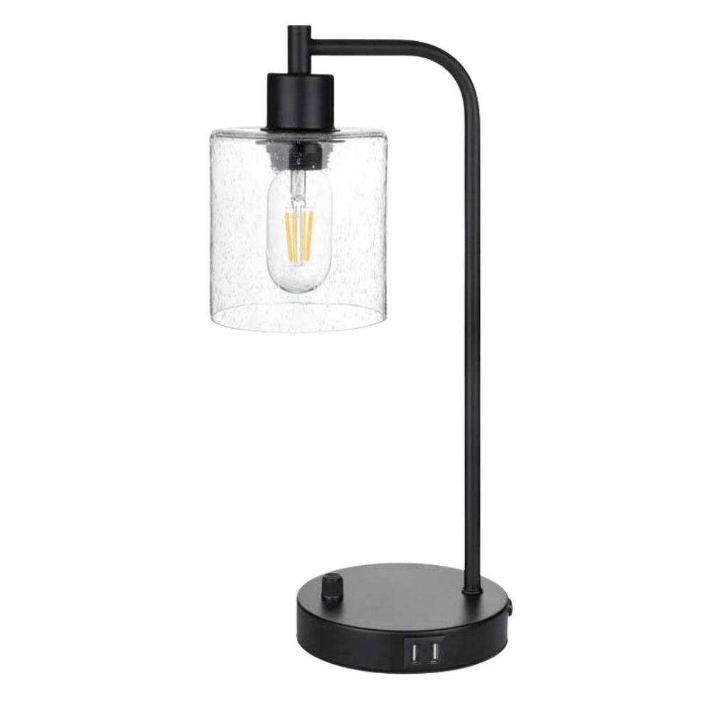 Black table lamp with a clear glass shade on a white background