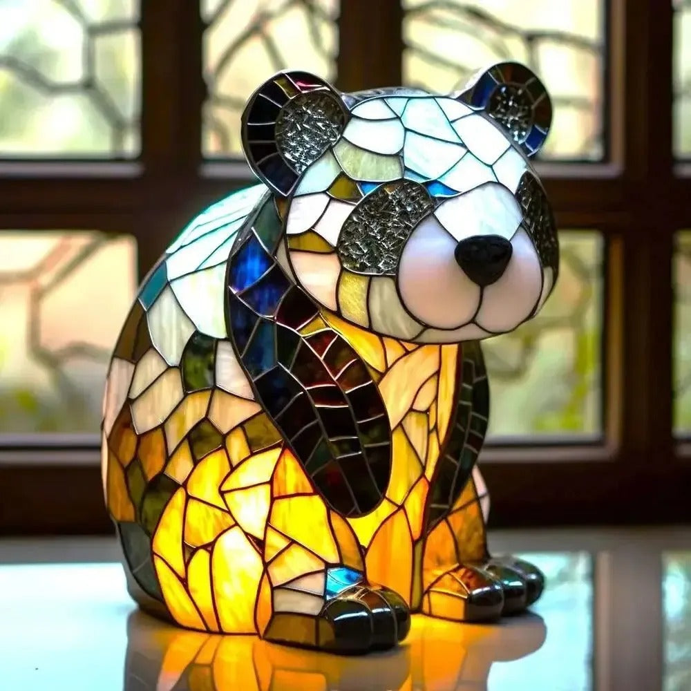 Table Lamp Stained Glass Panda Design Resin Base 10 x 9 x 7 in Warm White LED Compatible 00