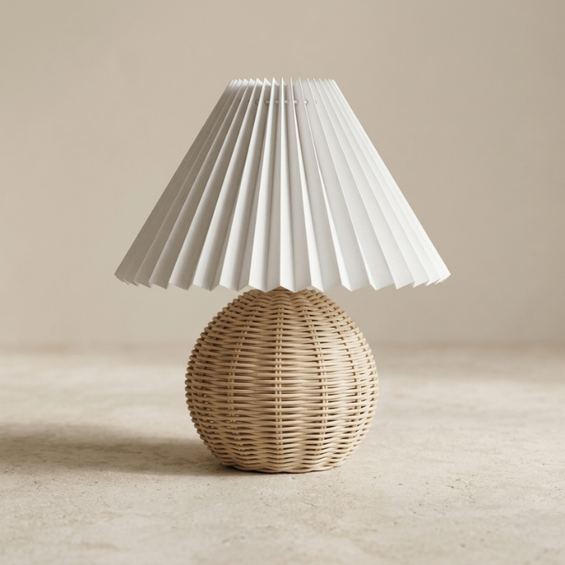 Table lamp with pleated white shade and woven base on a neutral background
