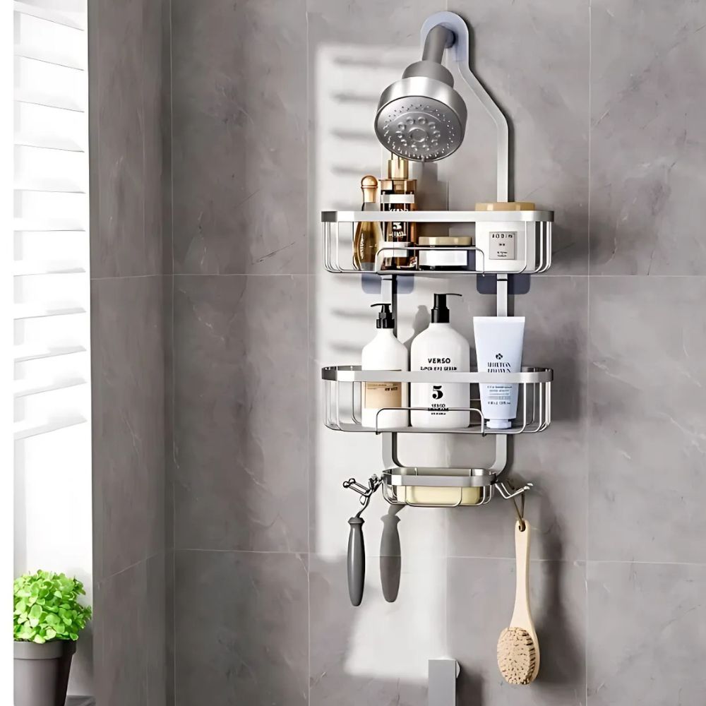 Shower caddy with toiletries on a tiled bathroom wall