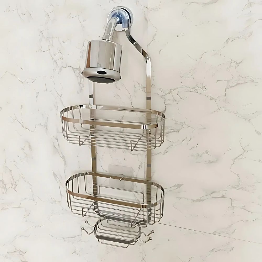 Shower caddy with multiple shelves attached to a shower head on a marble wall.