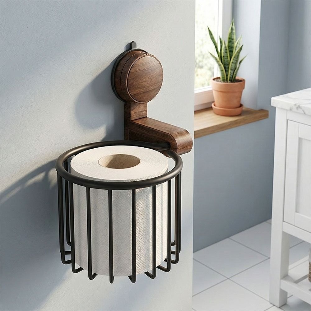 Wall-mounted toilet paper holder with wooden design in a bathroom setting.