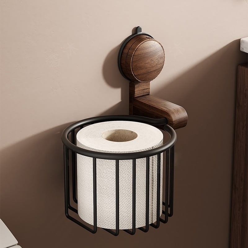 Walnut Wood Toilet Paper Holder Stand - Elegant No-Drill Suction Design 0