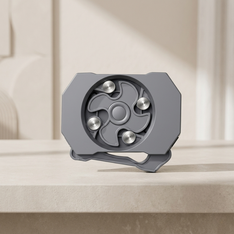 Gray metal object with circular design and metallic components on a beige surface