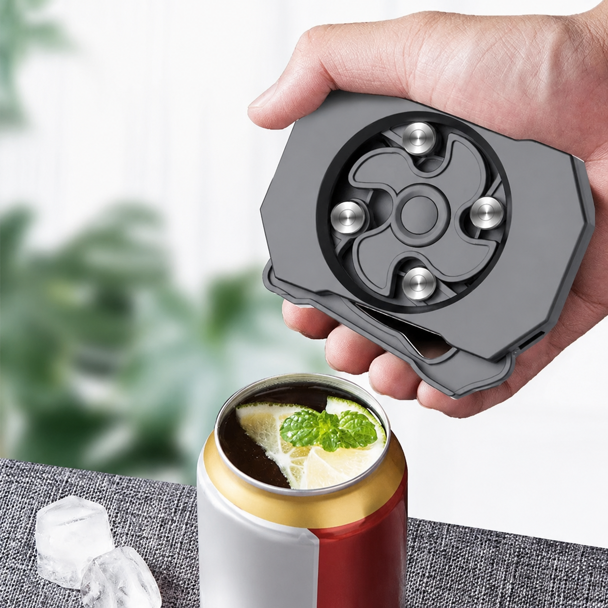 Hand holding a gray metal device over a can of soda with lemon and ice, blurred greenery in the background