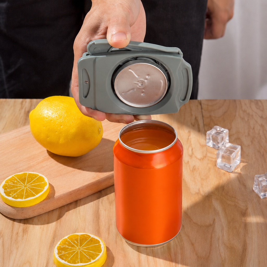 Person using a lemon squeezer on an orange can with lemons and ice cubes on a wooden surface.