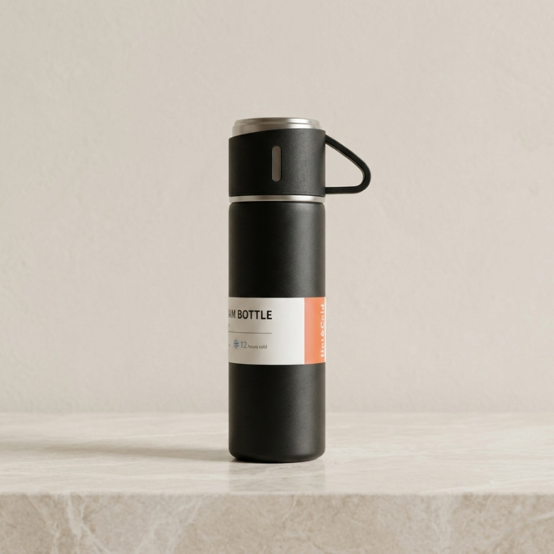 Black insulated bottle with a label on a beige surface