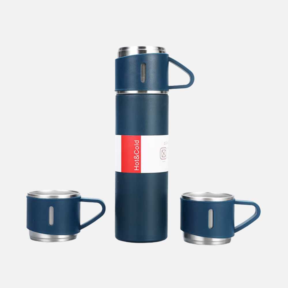 Blue thermos bottle with two matching cups on a white background