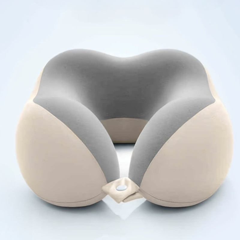 An inflatable neck pillow with a dual-tone design, featuring a light gray center and beige outer sections, shown on a clean light blue background.