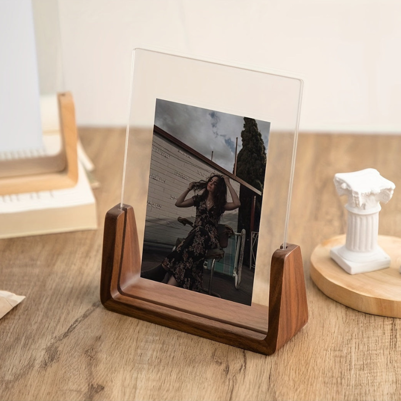 U Shaped Acrylic Photo Frame Wood Base Tabletop Display 5