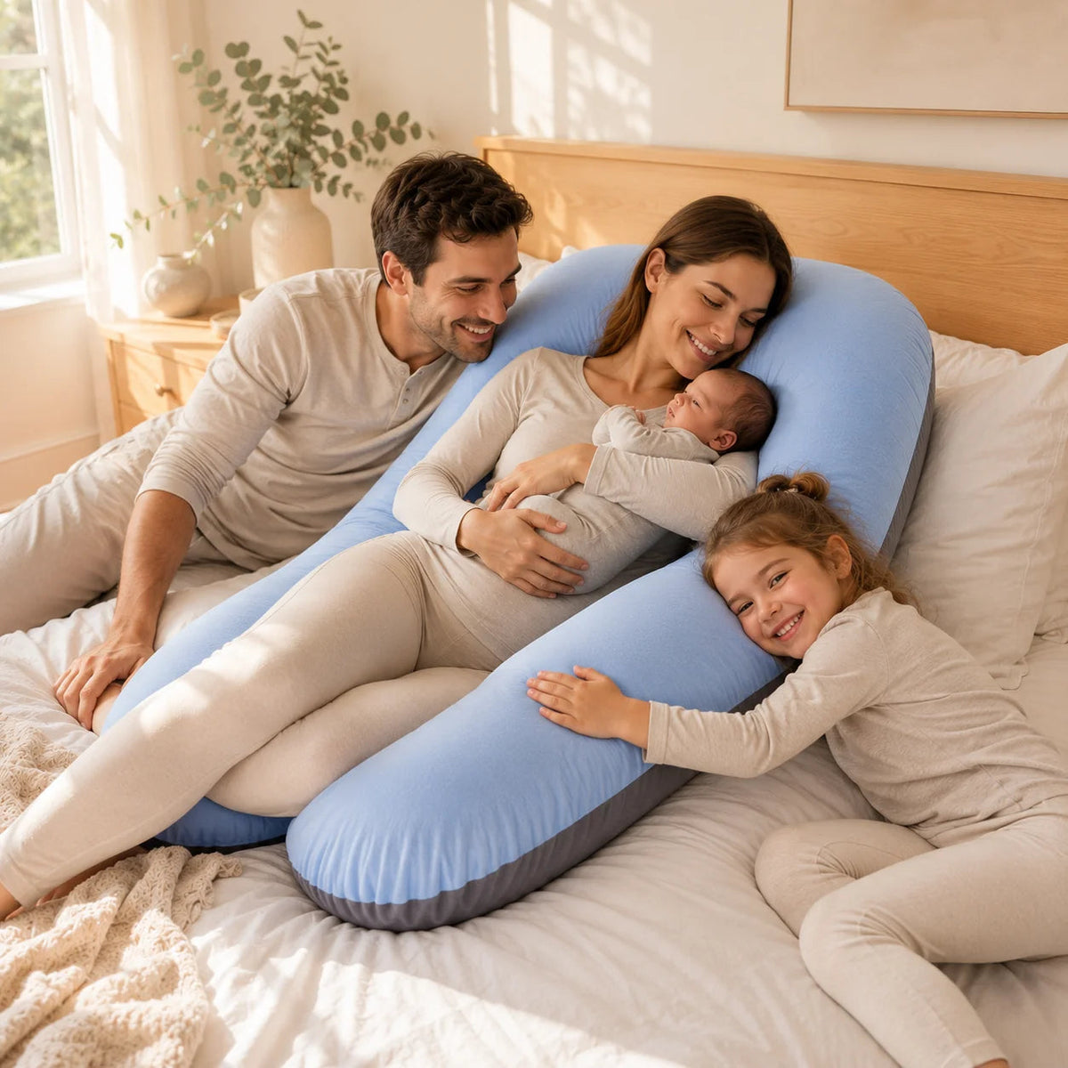 A family of four uses a large light blue U-shaped pregnancy support pillow on a bed in a bright, sunlit bedroom. A man, a woman, a newborn baby, and a young girl are all visible, wearing matching light beige pajamas.