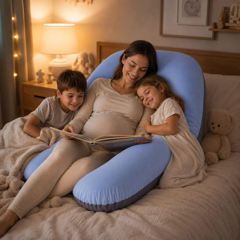 A pregnant woman and two children relax on a bed reading a book, supported by a large light blue U-shaped pregnancy pillow in a warmly lit bedroom.