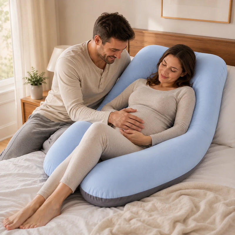 A pregnant woman reclines on a bed using a light blue U-shaped pregnancy support pillow, with a man sitting beside her on the bed.