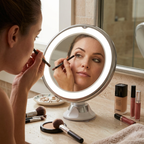 Woman applying makeup in front of a lighted vanity mirror with various makeup products on a counter.
