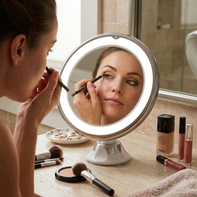 Woman applying makeup in front of a lighted vanity mirror with various makeup products on a counter.
